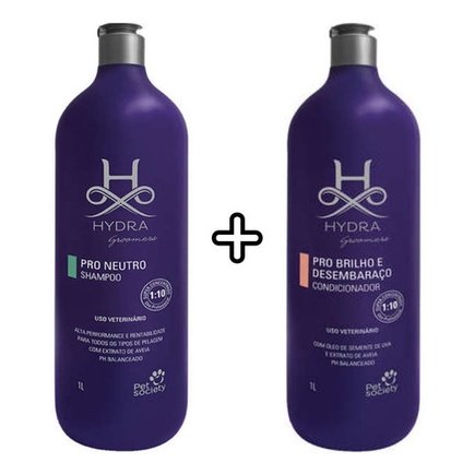 1 Shampoo Hydra Neutro 1L+ 1 Condicionador Brilho e Desembaraço Hydra 1L Cães e Gatos Pet Society