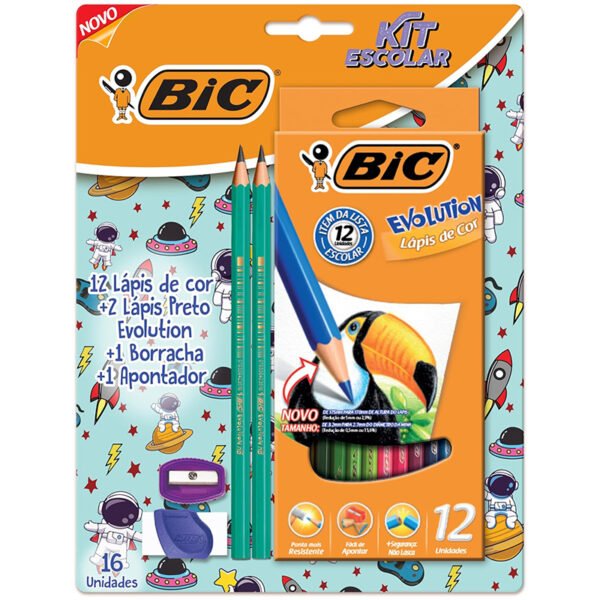 BIC, Kit Escolar com 12 Lápis de Cor BIC Evolution + 2 Lápis Pretos + 1 Borracha + 1 Apontador, 16 Unidades