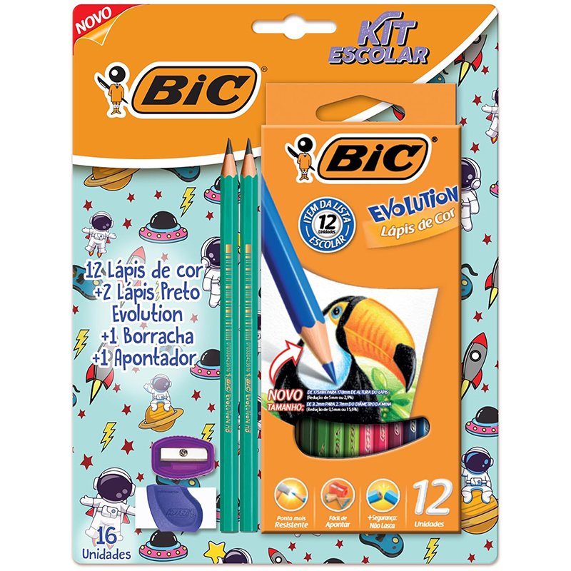 BIC, Kit Escolar com 12 Lápis de Cor BIC Evolution + 2 Lápis Pretos + 1 Borracha + 1 Apontador, 16 Unidades
