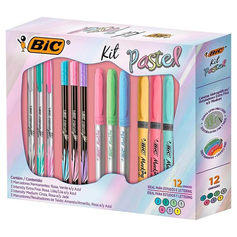 BIC, Kit Pastel com 12 itens, 3 Marcadores Multiuso Marking + 3 Marcadores de Texto Marking + 3 Intensity Extra Fina + 3 Intensity Medium