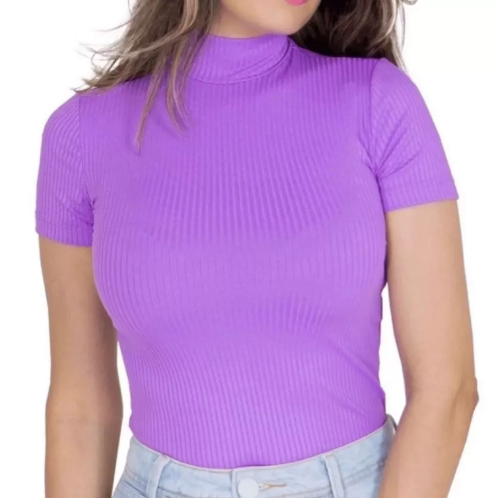 Blusa Canelada Gola Alta Manga Curta Moda Feminina