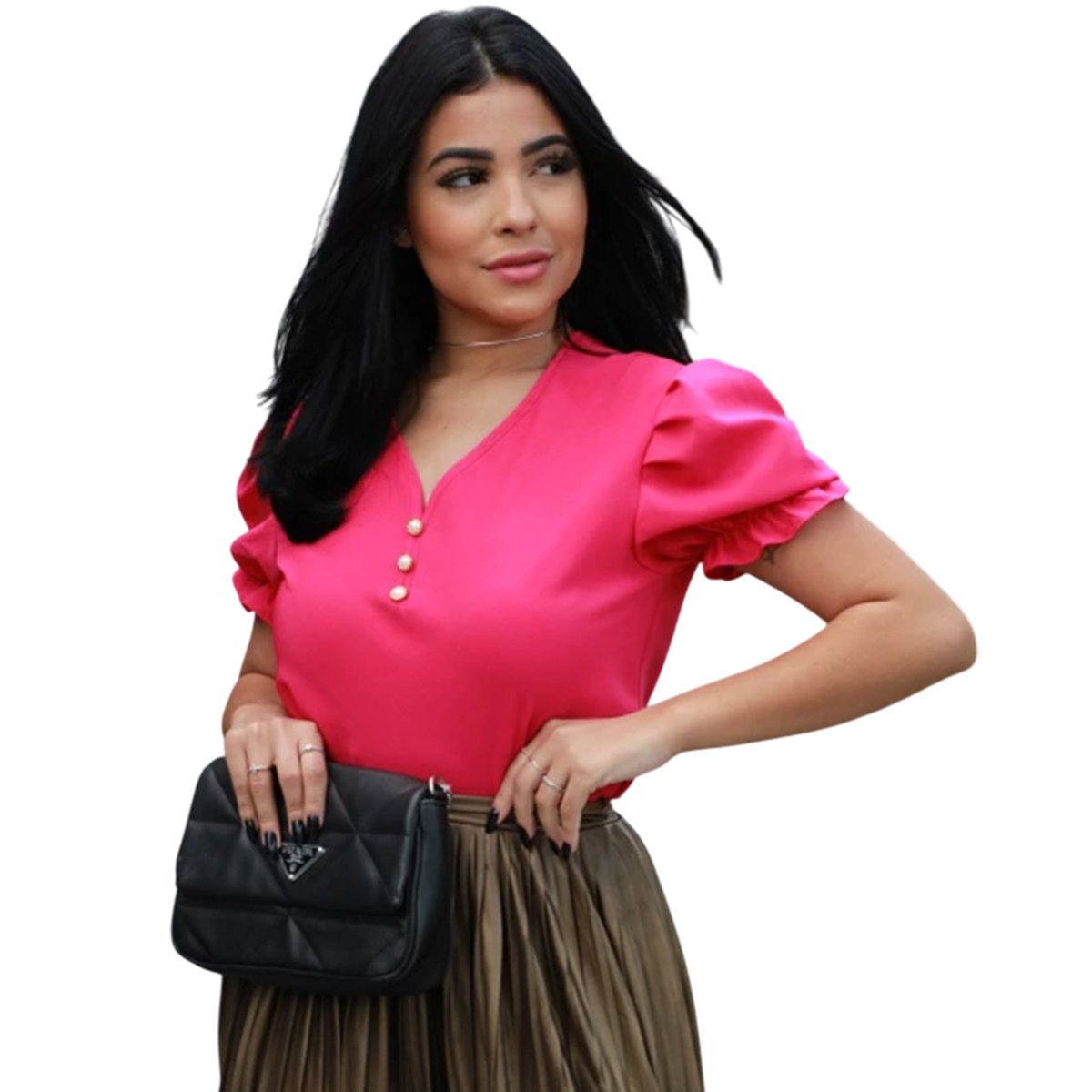 Blusa Social Com Pérolas E Manga Bufante (Liso E Estampado)