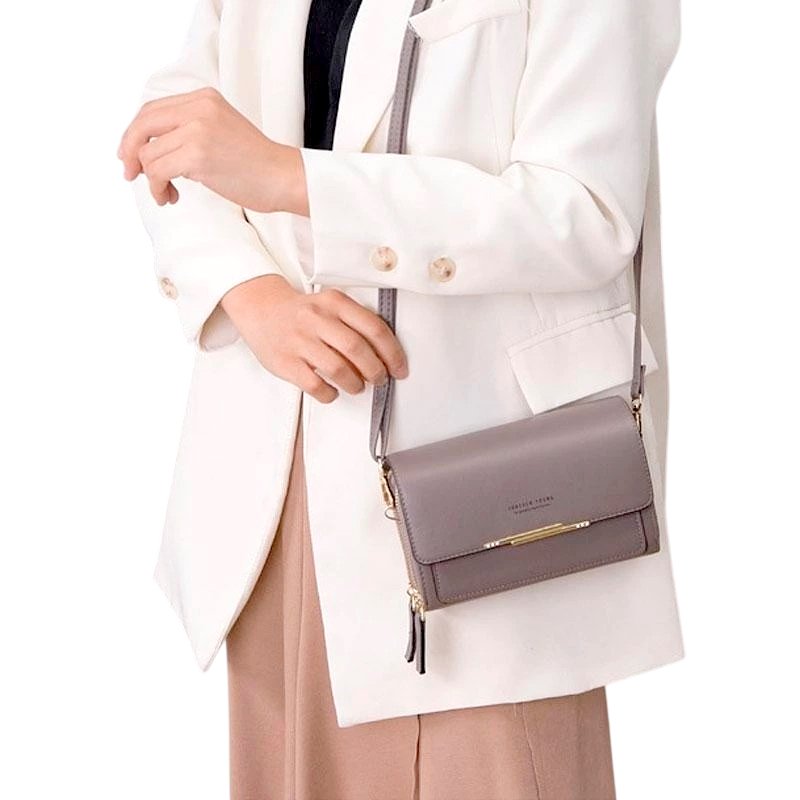Bolsa Carteira Feminina De Transversal Ombro Couro PU Com 3 Camadas Porta-Cartões Telefone De Corpo Cruzado
