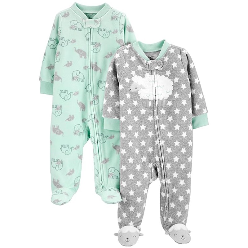 Simple Joys By Carter’s Pacote Com 2 Pares De Lã Neutra Com Pés Para Dormir E Brincar, Estrelas Cinzas/Elefante Verde Menta, 3-6 Meses