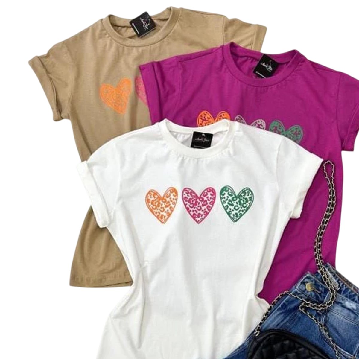 Camiseta Tshirt Feminina Estampada 3 Coração Colorido