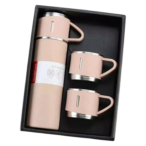 Caneca Kit Garrafa Térmica Vacuum Bottle Inox 500ml + 3 Xícaras Bebidas Fria ou Quente