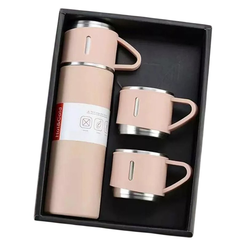 Caneca Kit Garrafa Térmica Vacuum Bottle Inox 500ml + 3 Xícaras Bebidas Fria ou Quente