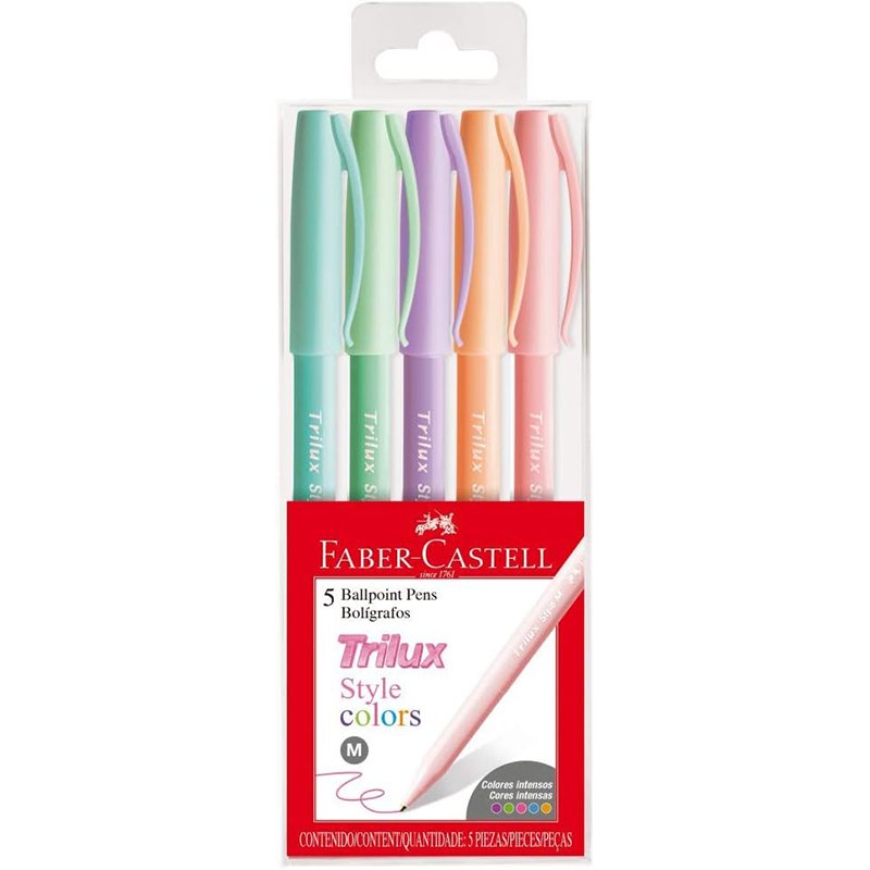 Caneta Esferográfica, Faber-Castell, Trilux Style Colors, 5 Cores Pastéis