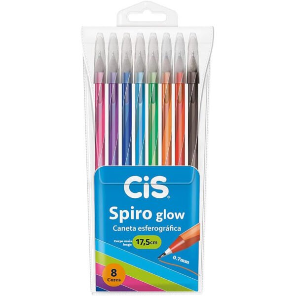 Caneta Esferográfica SPIRO GLOW, CIS, Multicor, Estojo com 8 unidades