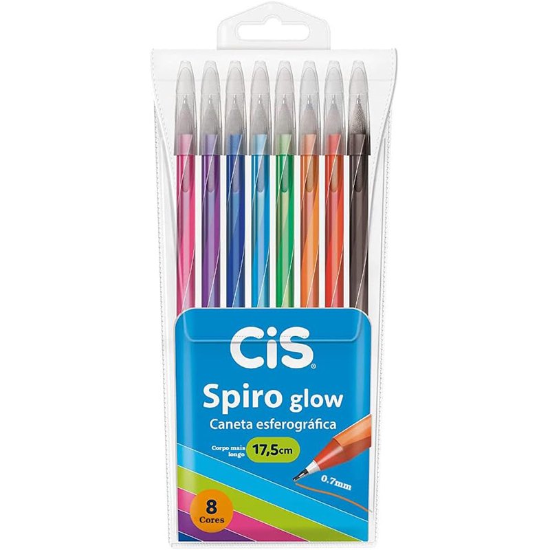 Caneta Esferográfica SPIRO GLOW, CIS, Multicor, Estojo Com 8 unidades