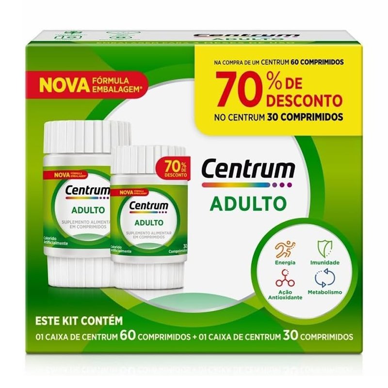 Centrum Adulto, Multivitamínico Diário, Suplemento Vitamínico com Vitamina B12, Vitamina C, Vitamina D, Vitamina E e Zinco, 90 Comprimidos