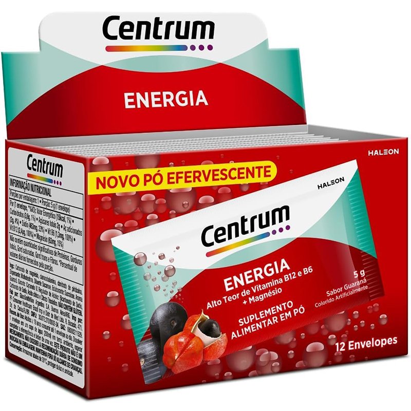 Centrum Energia Suplemento Multivitamínico em Pó com Alto Teor de Vitamina B12, Vitamina B6 e Magnésio, Sabor Guaraná, 12 Envelopes Efervescentes