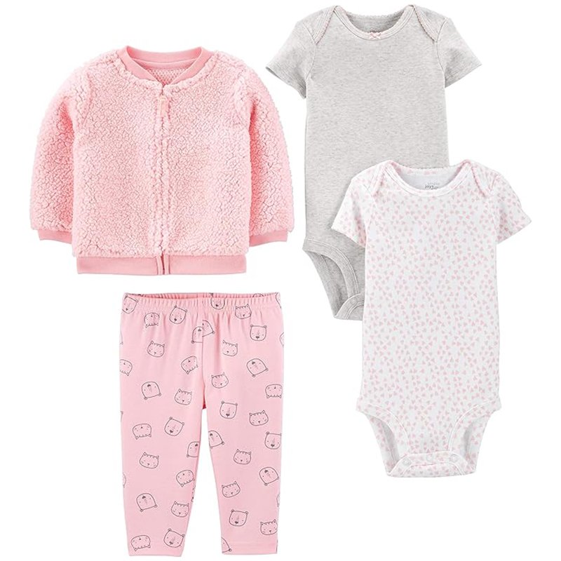 Simple Joys By Carter’s Conjunto De 4 Peças, Jaqueta, Calça E Body Para Bebês Meninas, Cinza/Rosa/Corações Brancos/Gato, Recém Nascido