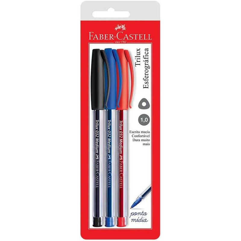 Faber-Castell SM/TRIPF Trilux – Caneta Esferografica Ponta Fina, Vermelho/Preto/Azul, Pacote com 3 Unidades