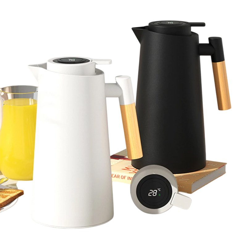 Garrafa Térmica 1 Litro Com Termômetro Led Para Chás / Café Nórdica Design Moderno Cabo Madeira