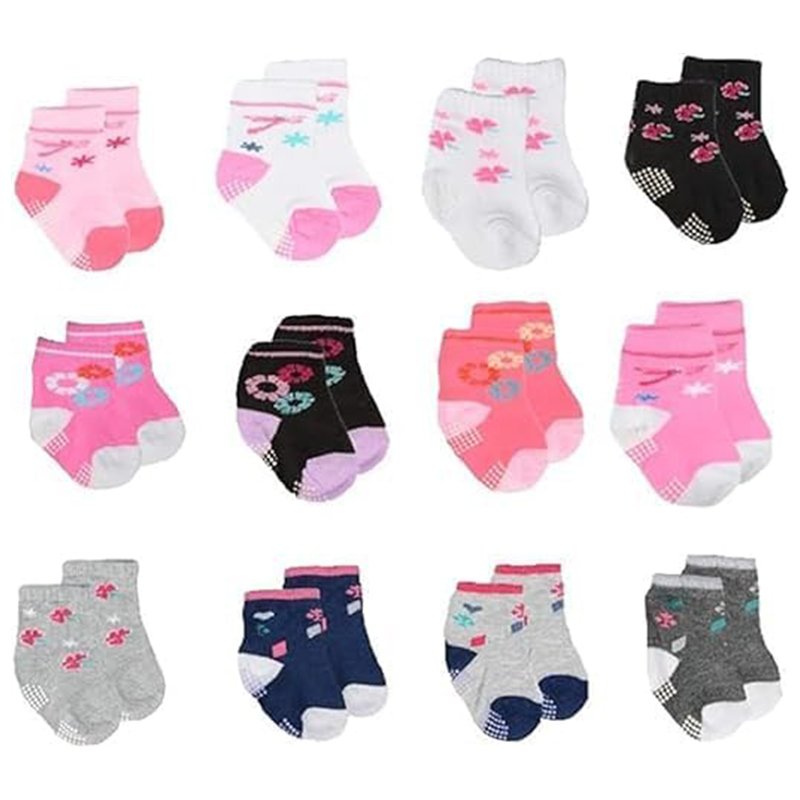 Kit 12 Pares de Meias Femininas Antiderrapantes – RN ao Infantil (8 cm, BR, Idade, 0 Meses, 12 Meses)