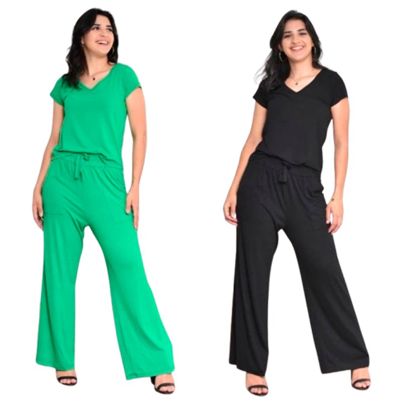 Kit 2 Conjuntos Viscolycra Calça Pantalona e Gola V