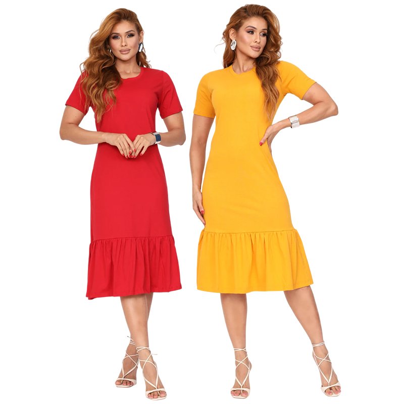 Kit 2 Vestido Feminino Babado Moda Cristã Luxo Elegante Malha Algodão Manga Curta