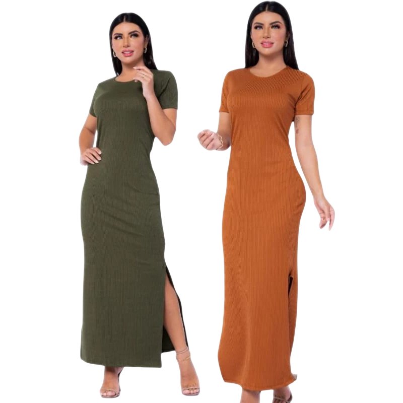 Kit 2 Vestidos Canelados Longos Manga Curta Lindos