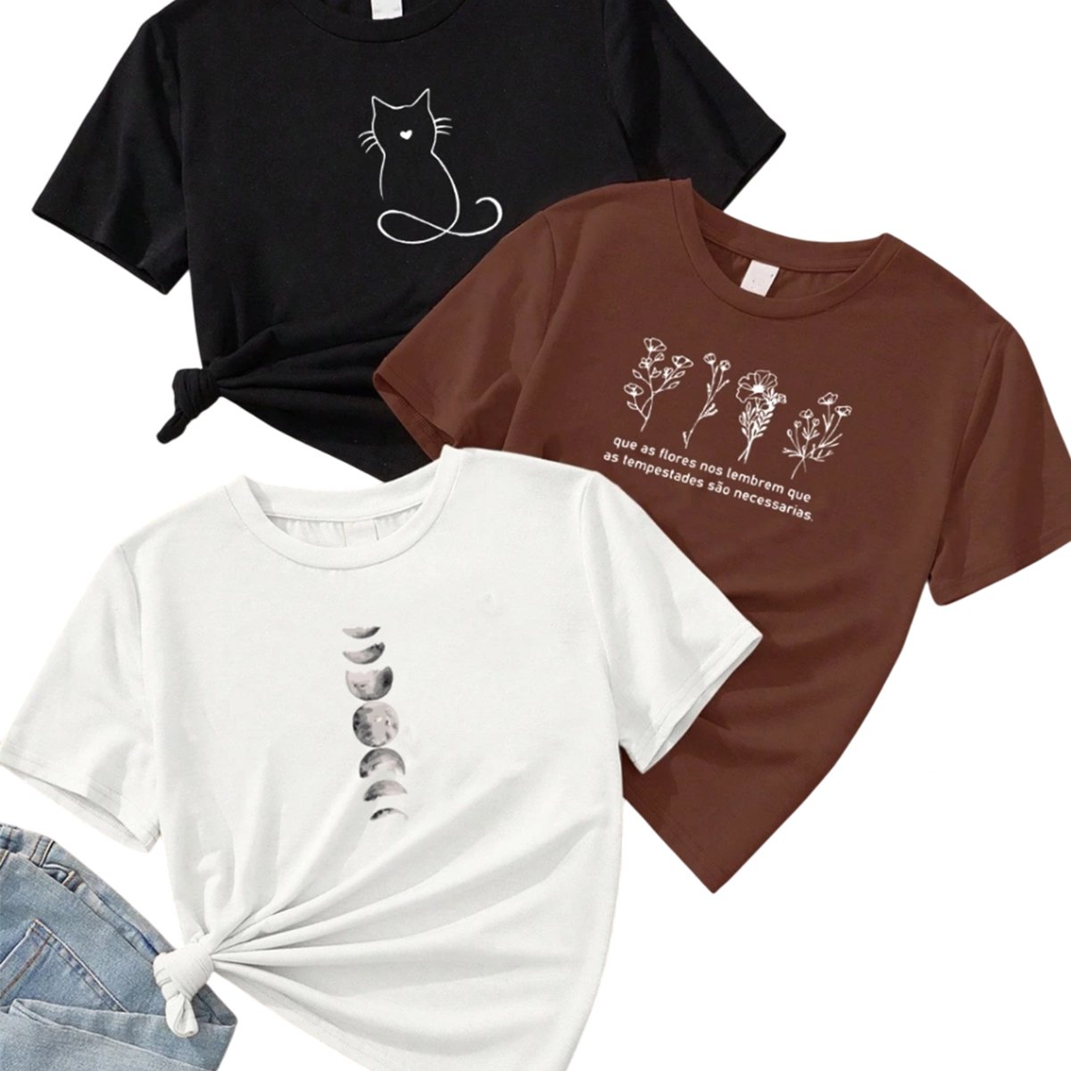 Kit 3 Camisetas Feminina De Algodão Gatinho Flores E Fases Da Lua Off White Malha Premium T-Shirts