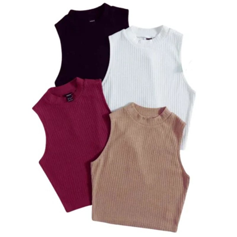 Kit 4 Blusas Croppeds Canelado Gola Alta Básica Chic Minimalista Elegante Luxo