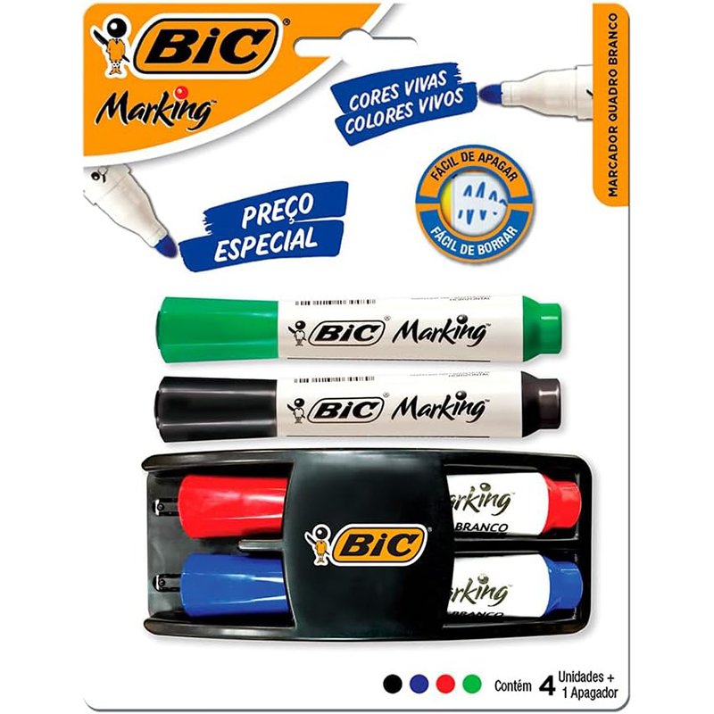 Kit 4 Marcadores de Quadro Branco BIC Marking Cores Clássicas + 1 Apagador, Ponta Resistente, Apaga Fácil