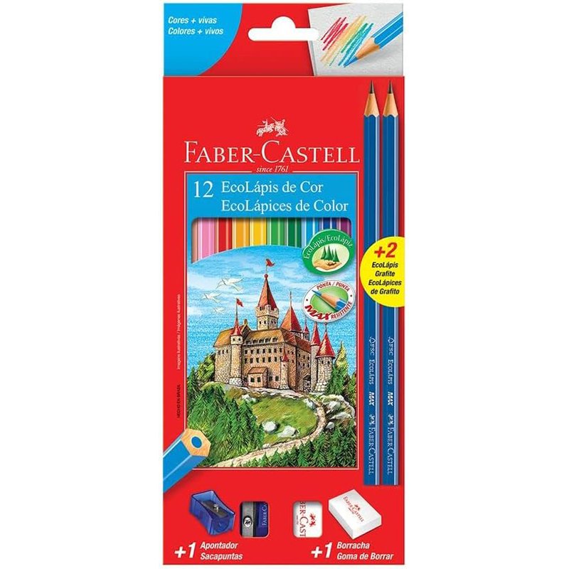Kit Escolar Lápis de Cor Sextavado + 2 Lápis Max + Apontador + Borracha, Faber-Castell, 12 Cores