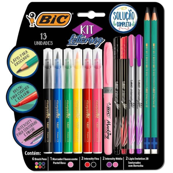 Kit Lettering BIC, c/ 6 Brush Pens + 1 Pincel Marcador Pastel Rosa + 2 Intensity Ponta Fina + 2 Intensiy Ponta Média + 2 Lápis Pretos, 971080, Multicor