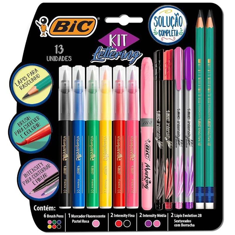 Kit Lettering BIC, c/ 6 Brush Pens + 1 Pincel Marcador Pastel Rosa + 2 Intensity Ponta Fina + 2 Intensiy Ponta Média + 2 Lápis Pretos, 971080, Multicor
