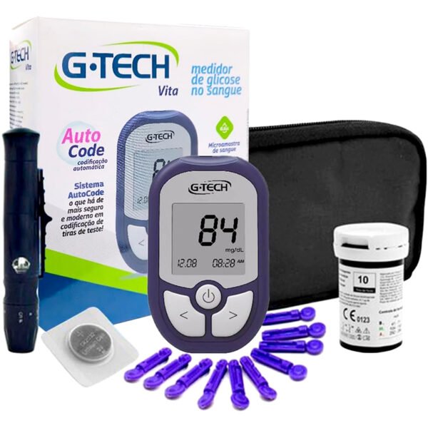 Kit Medidor de Glicose G-Tech Vita Com 10 Tiras + 10 Lancetas E Caneta Lancetadora - Glicosímetro Glicemia