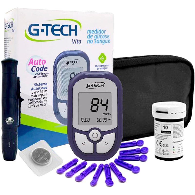 Kit Medidor de Glicose G-Tech Vita Com 10 Tiras + 10 Lancetas E Caneta Lancetadora – Glicosímetro Glicemia