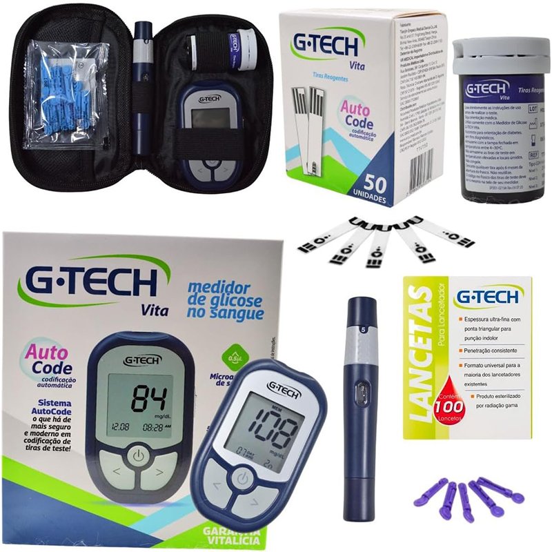 Kit Medidor de Glicose G-Tech Vita Com 60 Tiras + 110 Lancetas E Caneta Lancetadora – Glicosímetro Glicemia