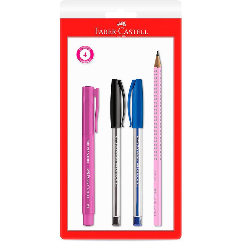 Kit Office Rosa, 1 Trilux Azul, 1 Trilux Preta, 1 Lápis Grafite Grip Rosa, 1 Fine Pen Rosa