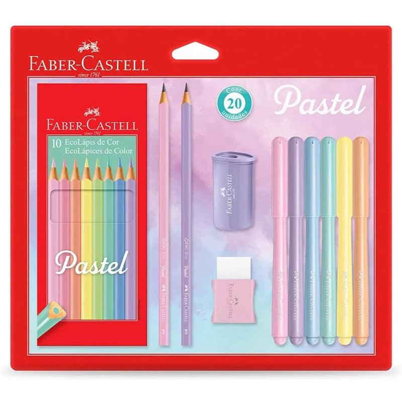 Kit Tons Pastel, Faber-Castell, KIT/PASTEL, KIT de 20, Lápis de Cor + Canetinhas + Borracha + Apontador + Grafite