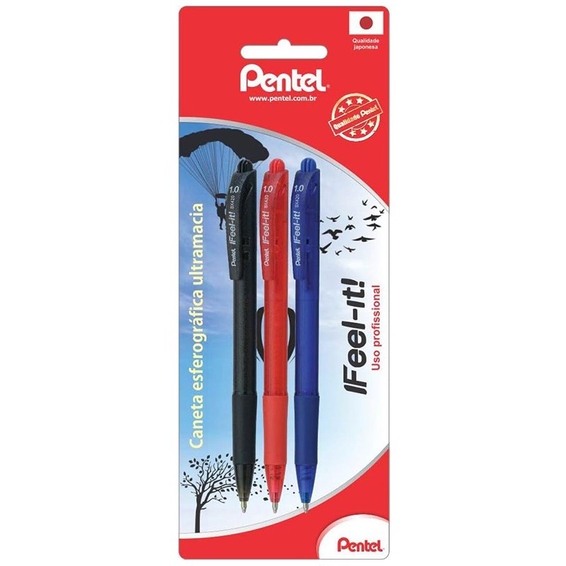 Kit com 3 Canetas Caneta Esferográfica Feel It 1 mm Pentel Preta Vermelha Azul