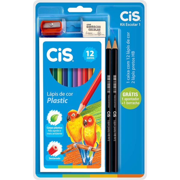 Lápis de Cor Sextavado + 2 Lápis Grafite Nº 2HB + Borracha + Apontador, CIS, Kit Escolar 1