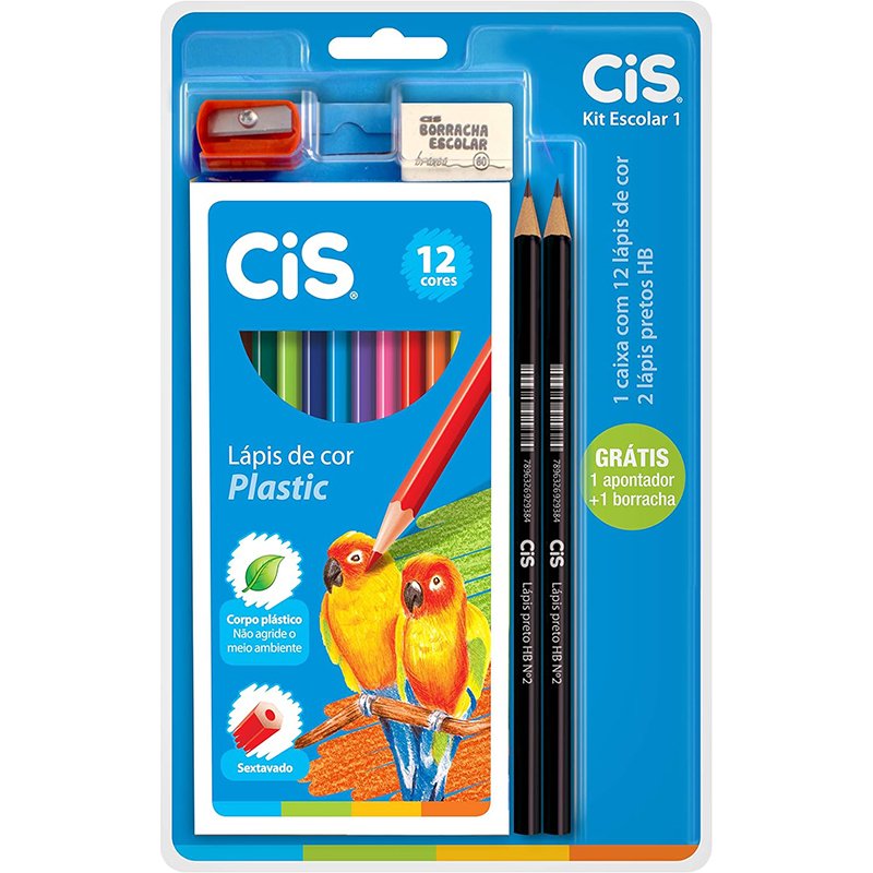 Lápis de Cor Sextavado + 2 Lápis Grafite Nº 2HB + Borracha + Apontador, CIS, Kit Escolar 1