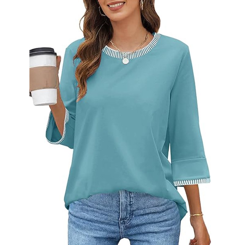 Blusas Femininas De Manga 3/4 Elegante, Casual, Gola Redonda, Cores Contrastantes, Soltas E Modernas, Lago Azul, P MEROKEETY