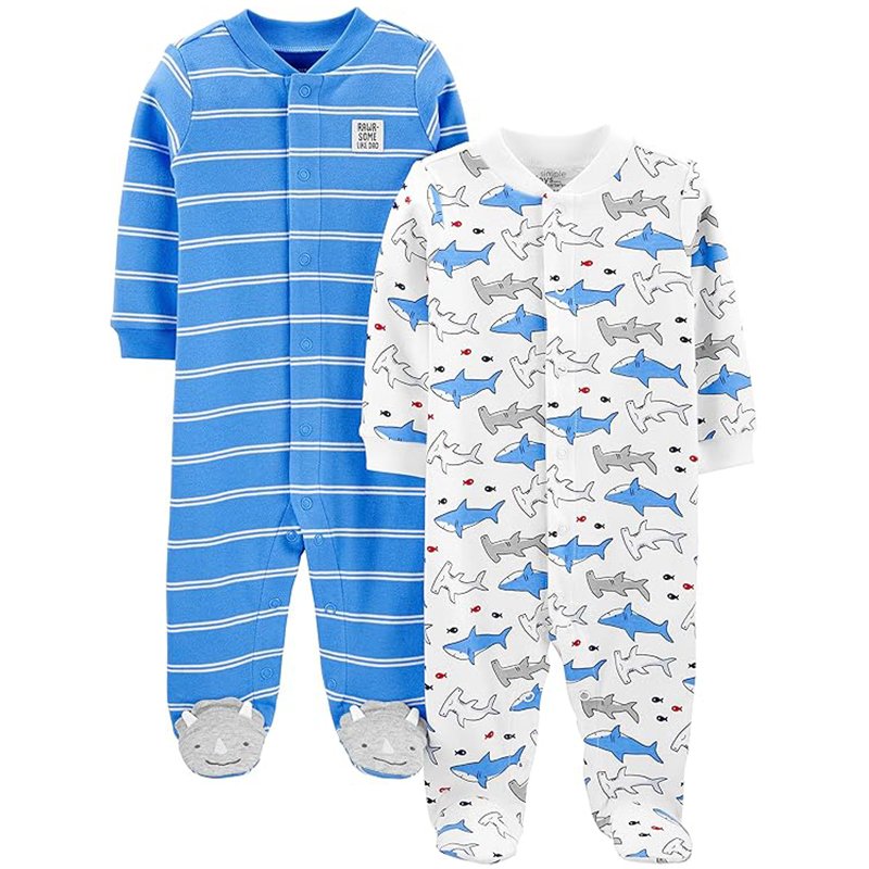 Simple Joys By Carter’s Pacote Com 2 Pés De Algodão Para Bebês Meninos, Para Dormir E Brincar, Listras Azuis/Tubarões Brancos, 3-6 Meses