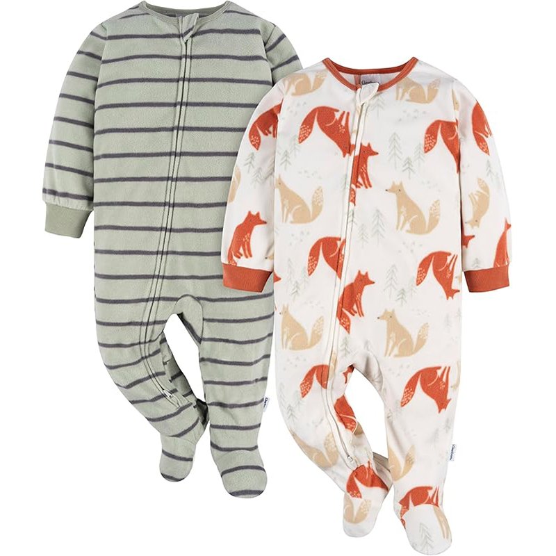 Gerber Pijama Infantil Para Bebês Meninos, Folgado, Resistente A Chamas, De Lã, Com Pés, Pacote Com 2, Listra De Raposa, 3-6 Meses