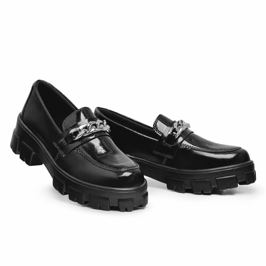 Mocassim Feminino Tratorado Corrente Preto Verniz Confortável Top