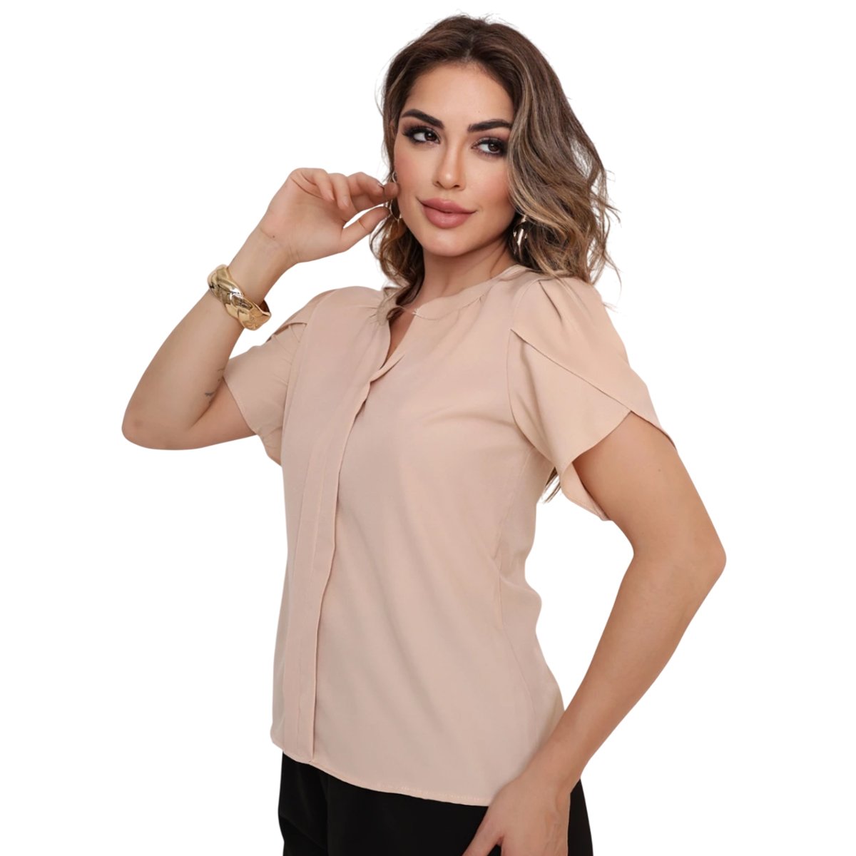 Novo Blusa Feminina Cor Sólida Pétala Manga Com Decote Em V Verão Design De Decote Requintado