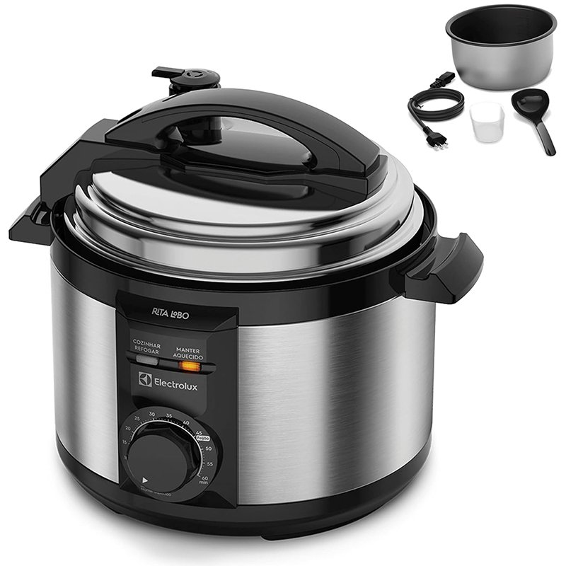 Panela Pressão Elétrica Electrolux Capacidade 3L Silenciosa Segura 9 Travas Segurança Timer Feijão Manter Aquecido Alça Antitermica PCE15 Inox 127V Por Rita Lobo