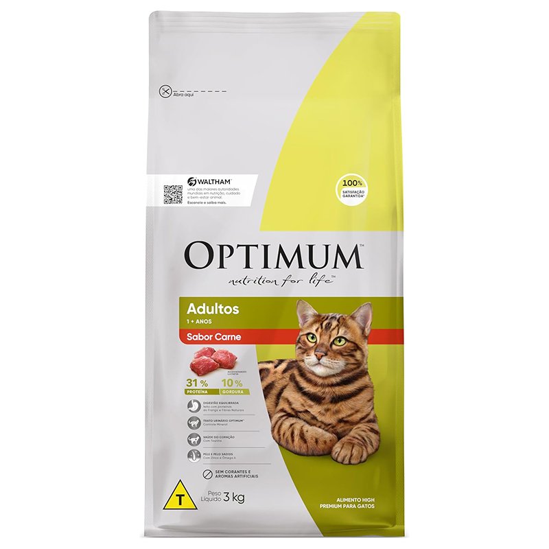 Ração Optimum para Gatos Adultos Sabor Carne 3kg