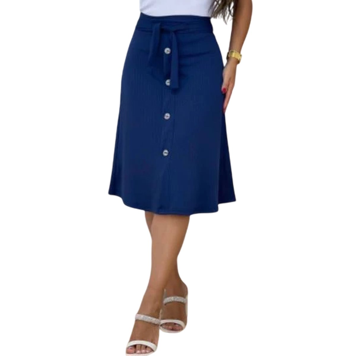 Saia ,Estilo Midi, Com Detalhe De Botão E Tira Para Amarrar