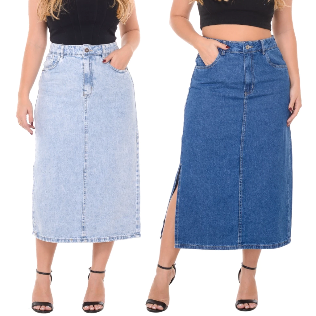 Saia Jeans Feminina Longa Cintura Alta Evangélica Fenda Lateral