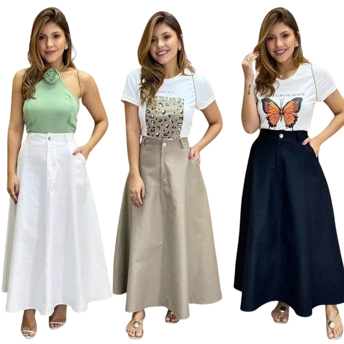 Saia Longa Alfaiataria Moda Evangélica Tendência Com cinto
