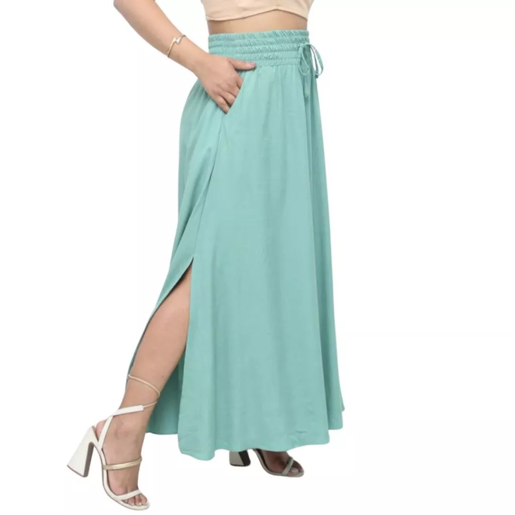 Saia Longa Viscolinho Com Bolsos Com Fenda Lateral Forrada Moda Casual