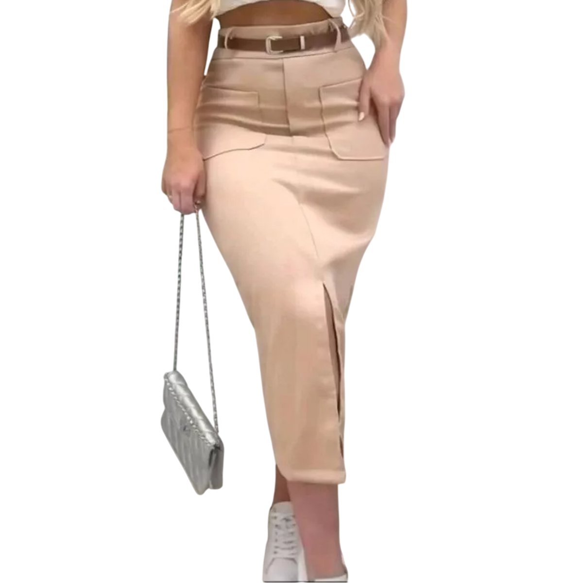 Saia Midi Alfaiataria Com Cinto Bolso Frontal Moda Evangélica Festa Elegante C/Cinto