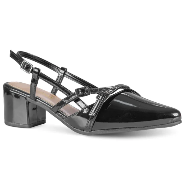 Sapato Feminino Slingback Scarpin Social Tiras Fivela Bico Fino Verniz Salto Baixo Bloco Confortável
